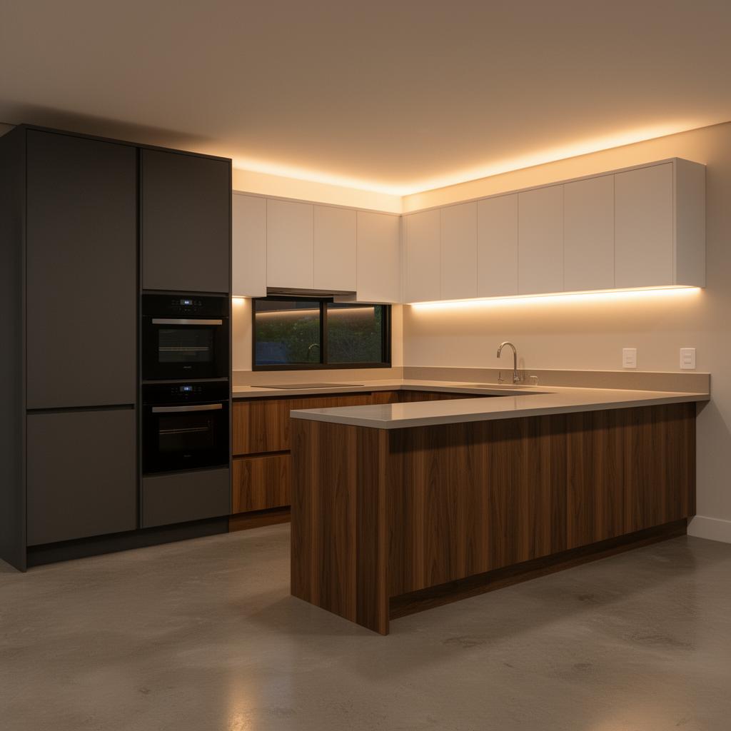 Cozinha planejada — combinação Grafite + off-white + amadeirado